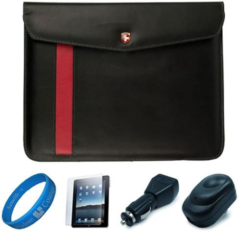 Black Executive Diplomat Leatherware Envelope Carrying Case for Apple iPad 4 / New iPad 3rd Gen / iPad 1 and 2 (16GB 32GB 64GB) compatible with iPad 2 + Clear Anti Gloss Screen Protector + Black Car Charger + Black Wall Charger + SumacLife Wisdom Courage Wristband