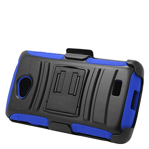 LG Transpyre VS810PP (Verizon Wireless) - Black and Blue Impact Armor Kickstand Hybrid Cover Case + Locking Swivel Belt Clip Holster + Atom LED Keychain Light LG Transpyre VS810PP (Verizon Wireless) - Black and Blue Impact Armor Kickstand Hybrid Cover Case + Locking Swivel Belt Clip Holster + Atom LED Keychain Light