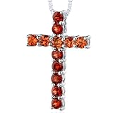 Sterling Silver Rhodium Finish with 1.75 carats total weight Round shape Garnet and Padparascha Sapphire Cross Pendant Necklace