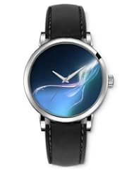 SPRAWL Aanalog Fashion Series Silver Ladies Watches of Genuine Black Leather Strap,Unique Wrist Watch for Women Girls Designed with Glossy white lines blue background
