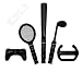Wii 8in1 Sport Set in Schwarz 5 verschiedene Erweiterungen f�r die Wiitm Remote: - Baseballschl�ger 
- Tennisschl�ger - Golfschl�ger - Air - Wheel Lenkrad - Joypadad-Adapter f�r Wii Remote. 3x Zubeh�r 
zum besseren Spiel- und Tragekomfort: - Schutzcover f�r Wii Remote - 2 rei�feste Handschlaufen
