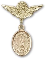 14K Gold Baby Badge with Our Lady of Guadalupe Charm and Angel with Wings Badge Pin