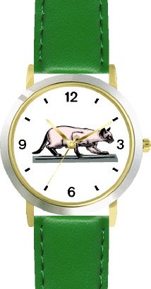 Siamese Cat - WATCHBUDDY® DELUXE TWO-TONE THEME WATCH - Arabic Numbers - Green Leather Strap-Size-Large ( Men