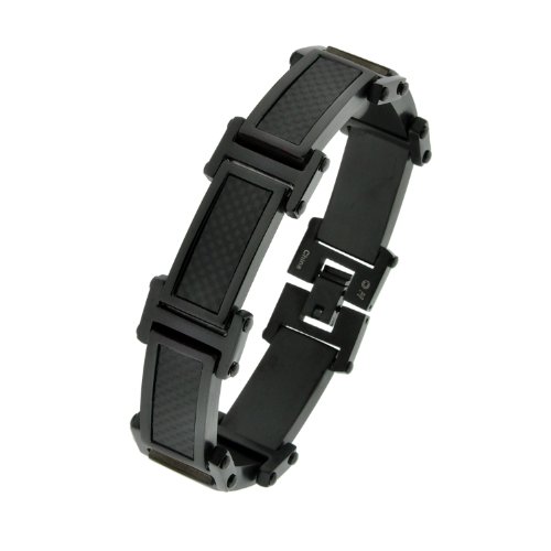 Stainless Steel Carbon Fiber and Black Ionic Plating Link Bracelet, 8.5″