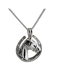 British Jewellery Workshops Silver 21x24mm Horses head in Horse shoe pendant with Curb chain
