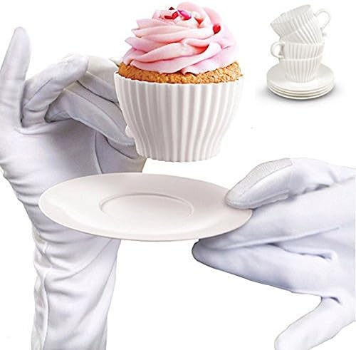 4pcs Reusable Silicone Baking Cups Cupcake Liners Cake Mold Muffin Baking Mould Chocolate Tea Cup Case With 4pc Saucers (White)
