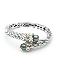 Sterling Silver Twisted Hinged Bracelet with Black Tahitian Pearl Ends, and 14K Yellow Gold Accents
