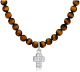 Sterling Silver Tiger Eye Beaded Necklace w/ Cubic Zirconia Cross, 20