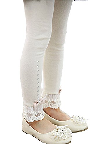Zhuannian Little Girls Bowknot Lace Leggings (4-5T, Beige 1154)
