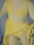 Sw25, Hand Crocheted Light Yellow Cotton Two Piece Drawstring Swimwear for Girls Trimmed with Daisies and Matching Triangular Skirt