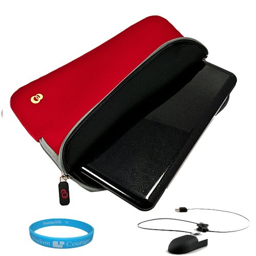 Red Neoprene Protective Sleeve Cover Carrying Case with Exterior Accessory Pocket for any 10.1 inch Laptop, Netbook, or Portable DVD Player + Naztech USB Mini Mouse with Retractable Cord for Laptop and Desktop + SumacLife TM Wisdom Courage Wristband
