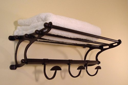 Oil Rubbed Bronze Paris Hotel or Train Rack style Towel Shelf with Hooks