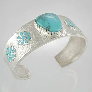 Southwestern Native American Tufa Cast Turquoise Flower Cuff Bracelet by Navajo Artist Michael Perry in Sterling Silver, #11888