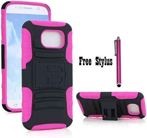 The Little Penguin Samsung Galaxy S6 Armor Protective Case - Shock &amp; Bump-proof Armor Hybrid Case with Built-in Kickstand for Samsung Galaxy S6 &amp; Stylus Pen + Fishbone Earphone Cord Organizer bundles (Kickstand Case - Black and Green) (Kickstand Case - Black and Pink)