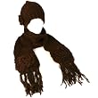 Winter Crochet Flower Knit Beanie Hat with Ski Scarf Pockets Mitten Brown 2pc Set