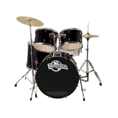 World Tour Complete 5piece Drumset with Double Braced Stands Drum Throne Drum Sticks and Drum Key - Gloss Black