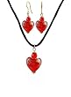 Necklace & Earring Set - N487 - Murano Style Glass Heart with Copper Flecks Hung on 16" Black Velvet / Flock Cord with 2" Extension Chain and Matching Earrings ~ Red, Clear and Copper