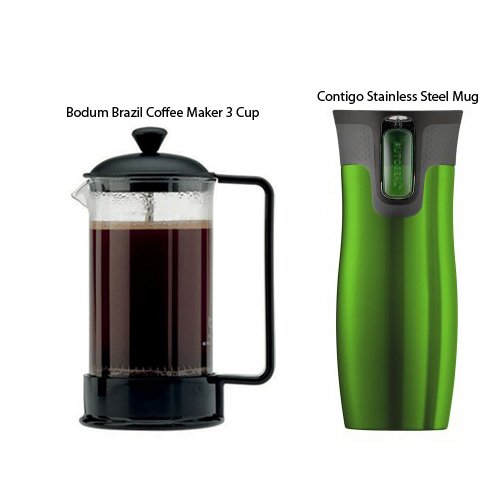 Bodum Brazil Coffee Maker 3 Cup French Press + Contigo Autoseal Stainless Steel Mug Green