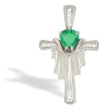 14K White Gold Genuine Heart Emerald and Diamond Cross Pendant