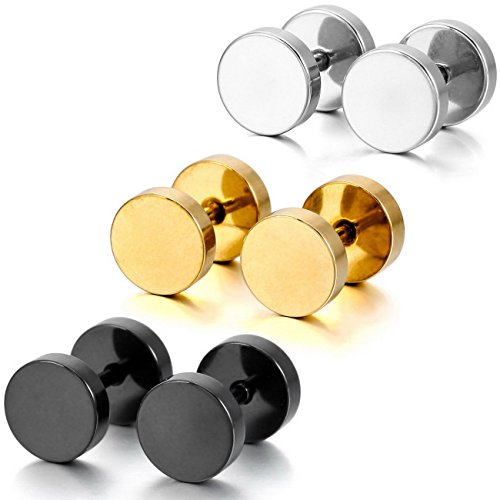 Silver Black Gold 3 Pairs Stainless Steel Stud Earrings Tapers Plugs Tunnel Double Side