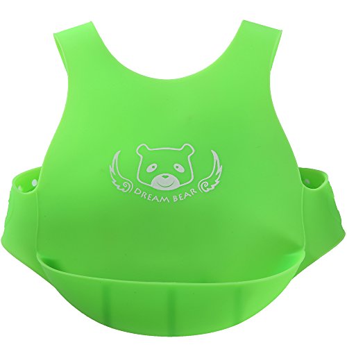 DREAM BEAR® Soft Wearable Baby Bib, Food-grade Silicone,Green/Pink (Green)