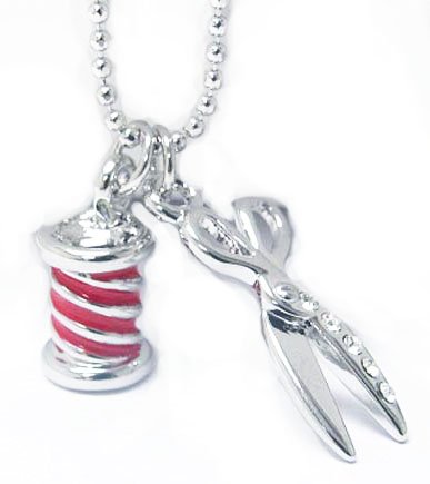 Adorable Scissors and Spool Double Charm Necklace with Crystal Accents Silver Tone