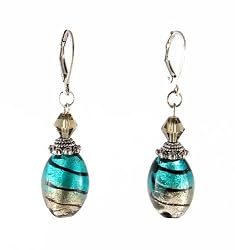 Earrings - E220 - Murano Style Glass - Oval ~ Aqua and Silver