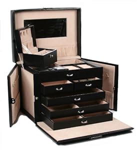 SHINING IMAGE tea2 HUGE BLACK LEATHER JEWELRY BOX / CASE / STORAGE / ORGANIZER WITH TRAVEL CASE AND LOCK