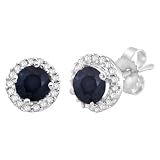 14k White Gold Round Blue Sapphire and Diamond Halo Martini Stud Earrings (1.40 cttw)