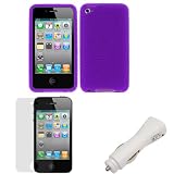 GTMax White USB Car Charger + Purple Silicone Skin Soft Cover Case + LCD Screen Protector for Apple iPod Touch 4th Generation
