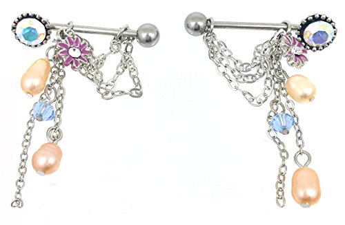 Nipple ring bars dangle beads body jewelry pair 14 gaug…