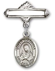 Sterling Silver Baby Badge with Mater Dolorosa Charm and Polished Badge Pin