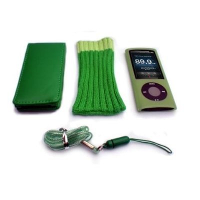 New 5th Generation Nano Green Flip Case + Green Sock & Green Silicone Cover With Screen Protector For the New Apple iPod 5G Nano with Camera (Sep 2009) 8GB & 16GB + Green Neck Strap
