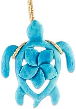 Hawaiian Hand Carved Bone Color Infused Turquoise Blue Turtle Necklace