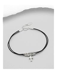 Black Cross Leather Bracelet In 92.5 Sterling Silver