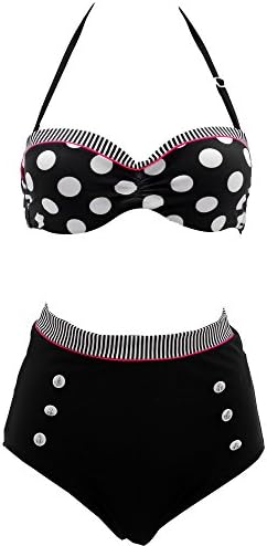 Telaura Navy Blue Polka Dot Women's Sexy Push Up Bikini High Waist Beachwear Girl's Swimsuit Two-piece Sexy Swimwear (S, Navy blue Polka Top+Button Bottom Suit)