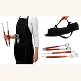 Hochwertiges Grillbesteck mit Tasche & integrierter Schürze - mit Holzgriffen - 4-teilig