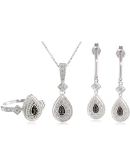 Sterling Silver Black and White Diamond Ring (size 7), Pendant Necklace and Earrings Box Set (1/4 cttw, I-J Color, I3 Clarity)