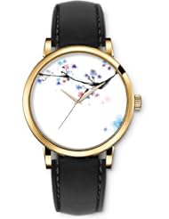 SPRAWL Aanalog Fashion Series Gold Ladies Watches of Genuine Black Leather Strap,Unique Wrist Watch for Women Girls Designed with Colorful flowers