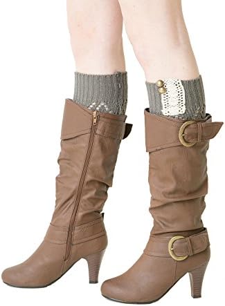 Valshi Women's Leg Boot Warmers with Lace and Brass Buttons One Size Cream