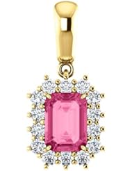 14K Yellow Gold 7.00x5.00mm Emerald Cut Pink Tourmaline and Diamond Pendant -- LIFETIME WARRANTY