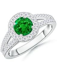 Round Emerald and Diamond Split Shank Ring