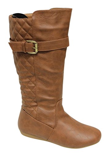Top Moda Bank-1 Women's knee high quilted rear buckled strap opening side zipper almond toe flat PU boots Tan 8.5