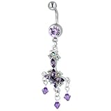 Pugster Belly Navel Ring Purple Crystal Classic Flower Dangle Belly Navel Ring Body Jewelry