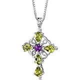 Vintage Delight: Sterling Silver 2.50 carats Multishape Checkerboard Cut Peridot and Amethyst CROSS Pendant with 18 inch Silver Necklace and Free Shipping