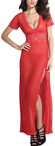 CASTALECA Mesh Lace V Neck Sheer Lingerie Gown Long Slit Dress With G-string
