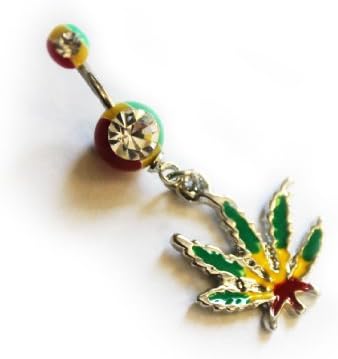 KONNOO 316L Surgical Steel and Crystal 14 Gauge Jamaican Pot Leaf Dangle Belly Ring