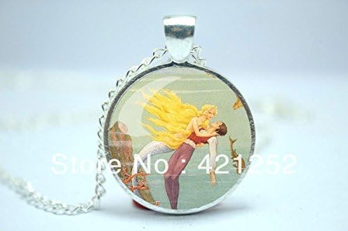 Pretty Lee 2015 Fashion Mermaid Necklace Mermaid Charm With Chain Silver Plate Glass Cabochon Necklace 7 Christmas gift