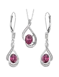 14K White Gold Natural Rhodolite Lever Back Earrings & Pendant Set Diamond Accent