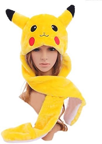 Pikachu Animal Hood Hoodie Hat with Attached Scarf and Mittens